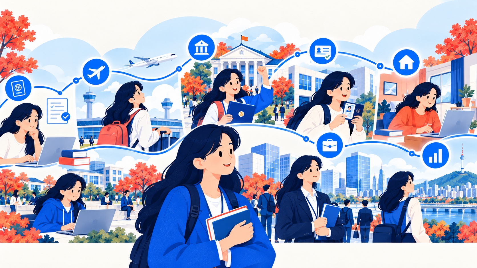 공항과 비행기가 보이는 출국 장면