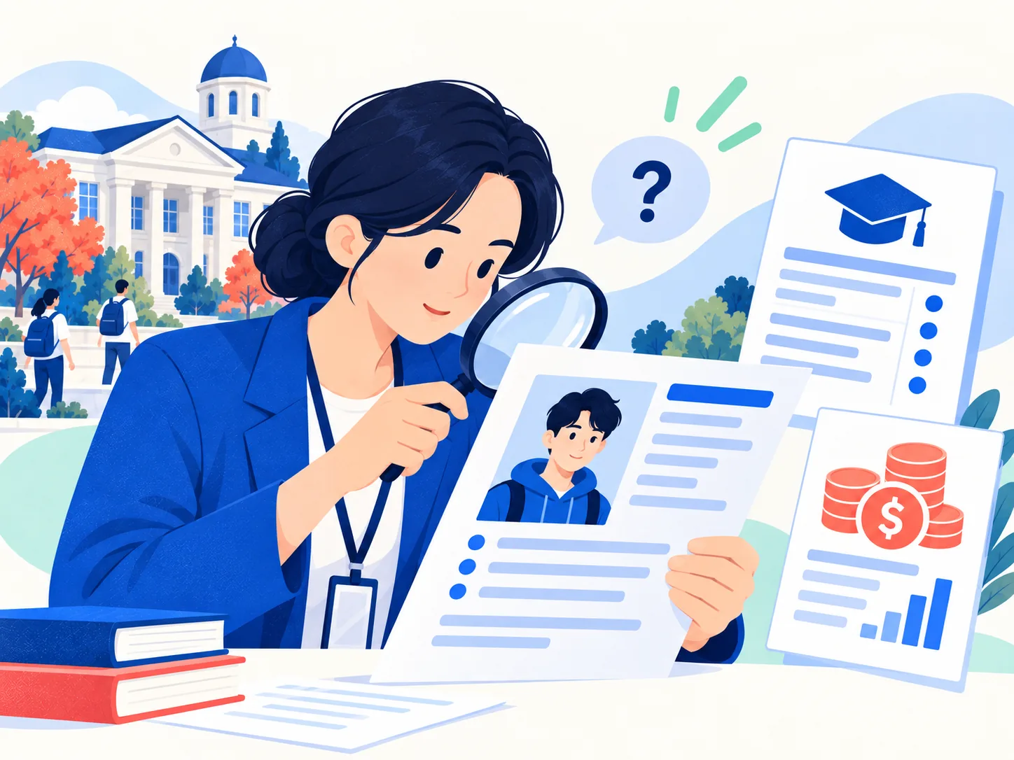 담당자가 돋보기로 지원자의 학력·서류·재정 자료를 확인하는 모습