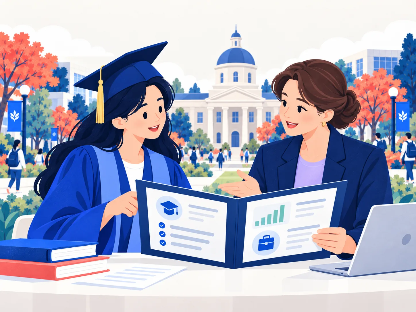졸업생과 대학 담당자가 학업 기록과 진로를 함께 살펴보는 모습