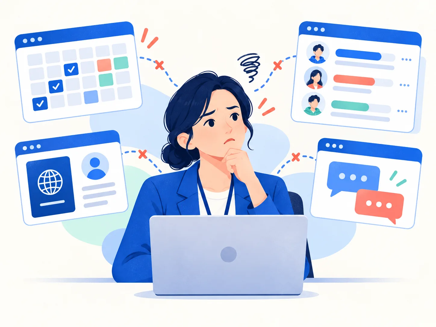 출석, 학생 현황, 체류 서류, 상담 기록이 서로 떨어져 있는 모습