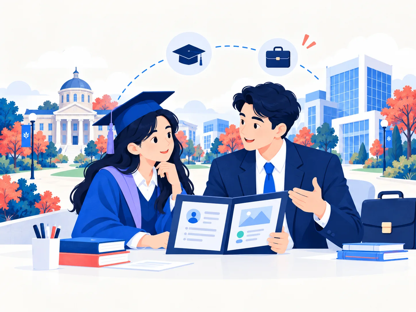 기업 담당자와 졸업생이 포트폴리오를 보며 진로를 이야기하는 모습